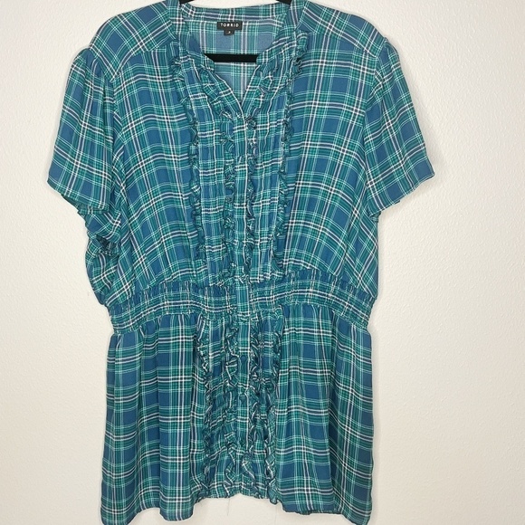 Torrid Plaid Ruffle Top Blouse  size 3 blue green - Picture 1 of 8